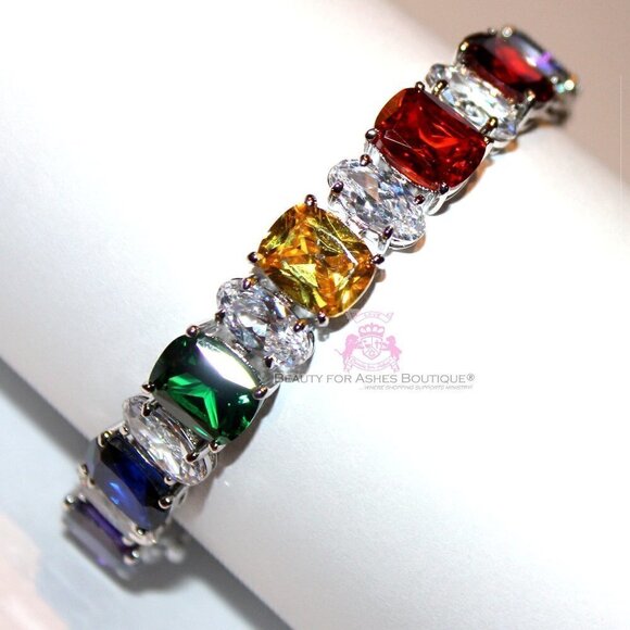 Multi Color Clear Dressy CZ Arm Candy Rainbow in the Sky Gala Prom Bracelet - Picture 2 of 5